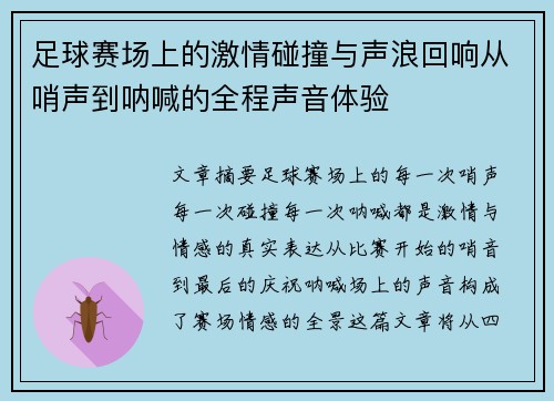 足球赛场上的激情碰撞与声浪回响从哨声到呐喊的全程声音体验