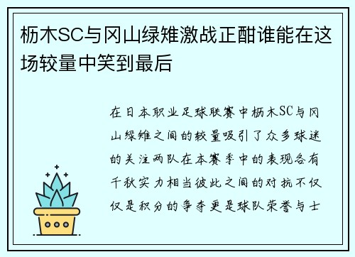 枥木SC与冈山绿雉激战正酣谁能在这场较量中笑到最后