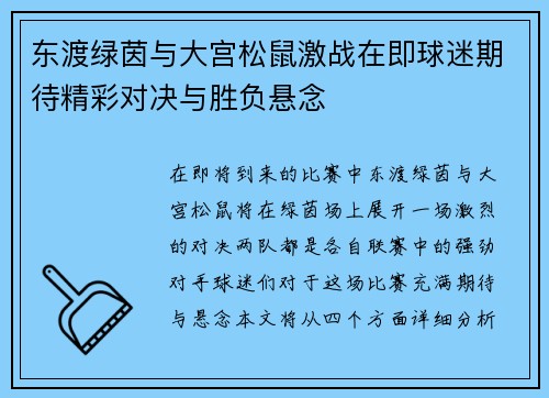 东渡绿茵与大宫松鼠激战在即球迷期待精彩对决与胜负悬念