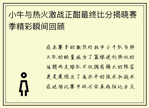 小牛与热火激战正酣最终比分揭晓赛季精彩瞬间回顾
