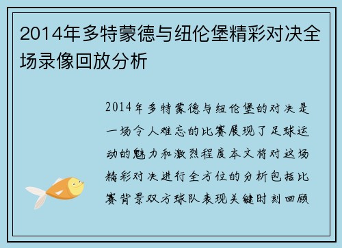 2014年多特蒙德与纽伦堡精彩对决全场录像回放分析